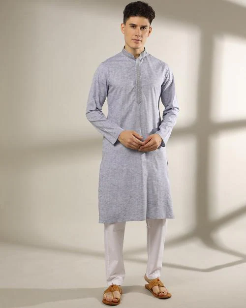 Heathered Long Kurta with Band Collar