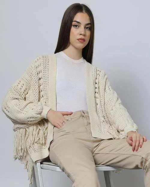 Crochet-Knit Regular Fit Open-Front Shrug