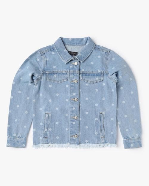 Floral Denim Jacket with Frayed Hem