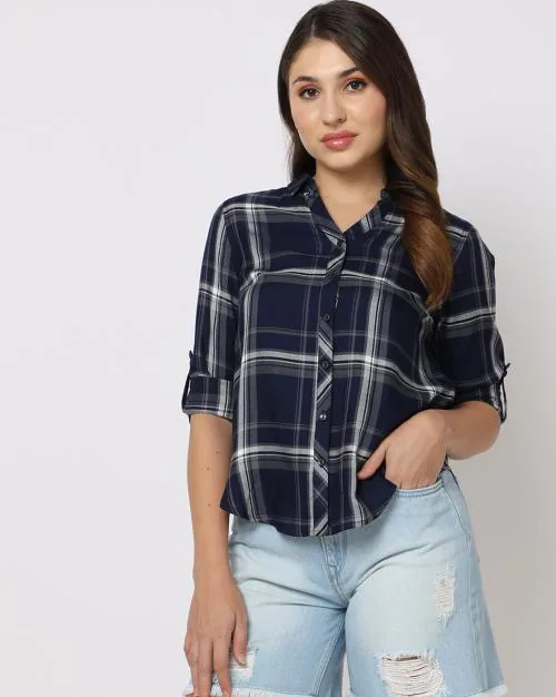 Buy Checked Shirt with Curved Hemline Online at Best Prices in India ...