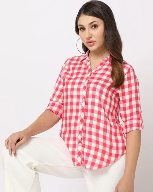 Checked Shirt with Curved Hemline
