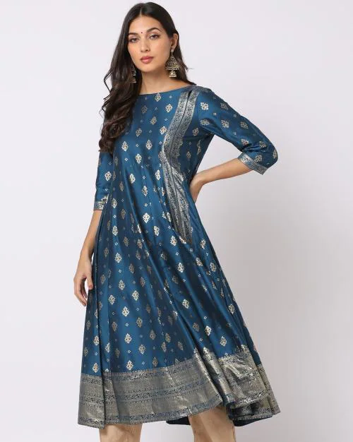 Printed Boat-Neck Anarkali Dress