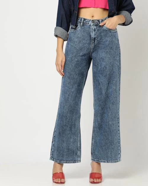 Women Mid-Wash Mid-Rise Wide-Leg Jeans