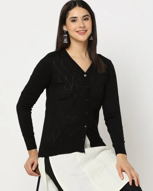 Geometric-Knit V-Neck Cardigan