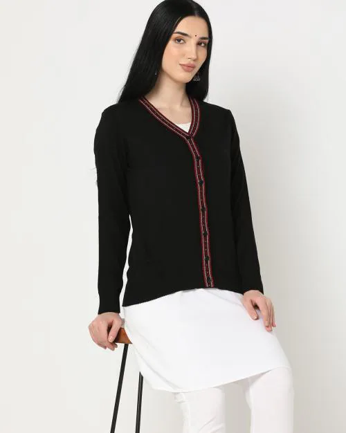 Geometric-Knit V-Neck Cardigan