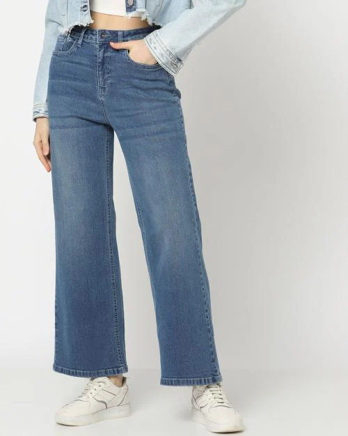 Women Mid-Wash Wide-Leg Jeans