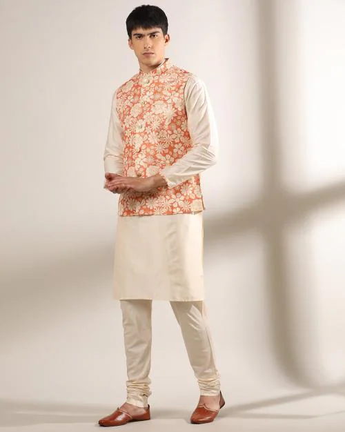 Slim Fit Print Kurta Set with Waistcoat