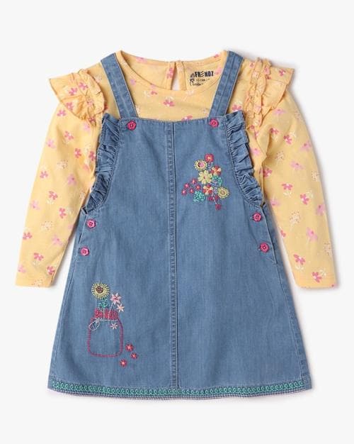 Floral Print T-Shirt with Denim Dungaree Dress