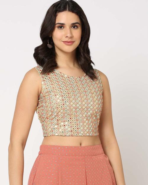 Mirror Embroidered Round-Neck Blouse