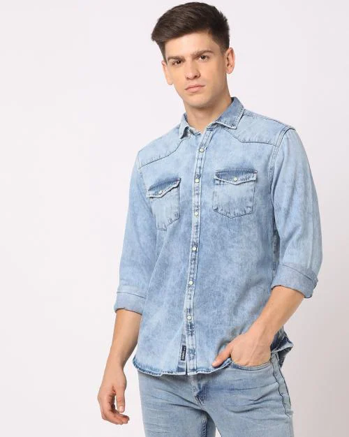 Men Washed Slim Fit Shirt with Flap Pockets