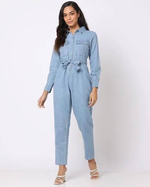 Denim Jumpsuit with Tie-Up Belt