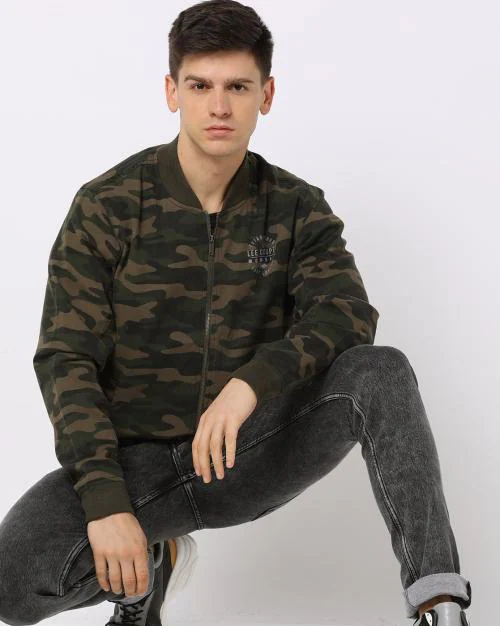 Camouflage Print Zip-Front Bomber Jacket