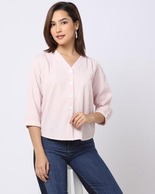 Striped Button-Down V-Neck Top