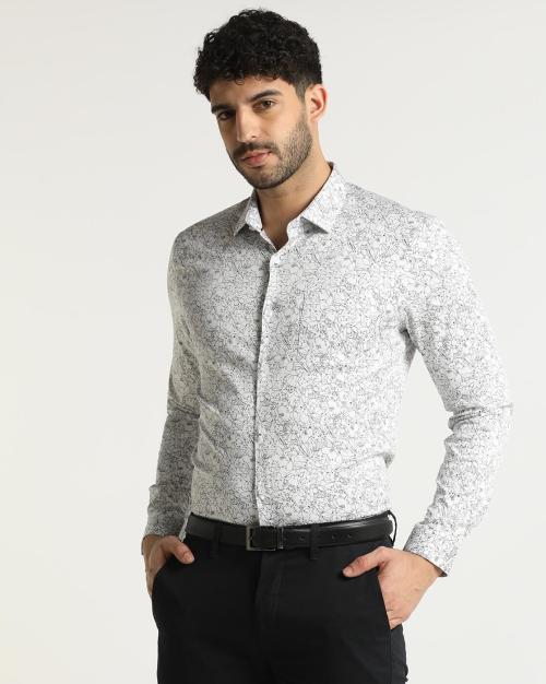 French Placket Floral Print Slim Fit Shirt with Patch Pocket