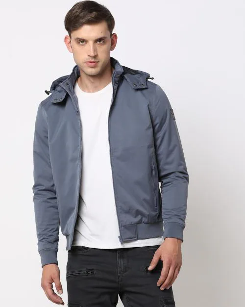 Men Regular Fit Jacket with Detachable Hoodie