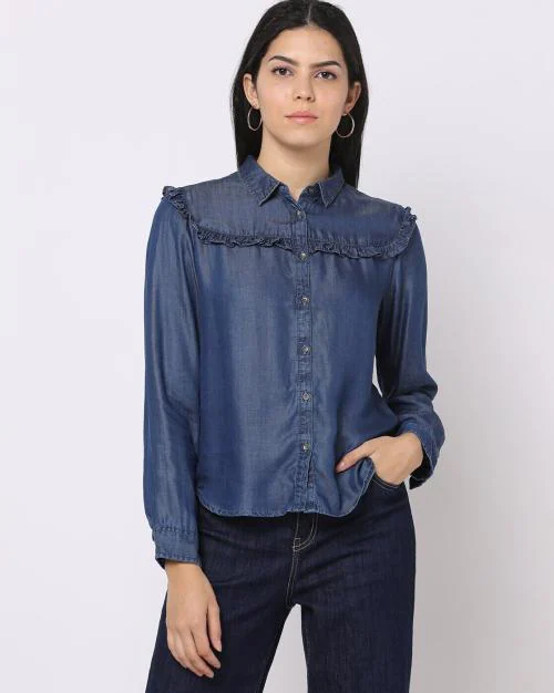 Denim Shirt with Ruffle Trim