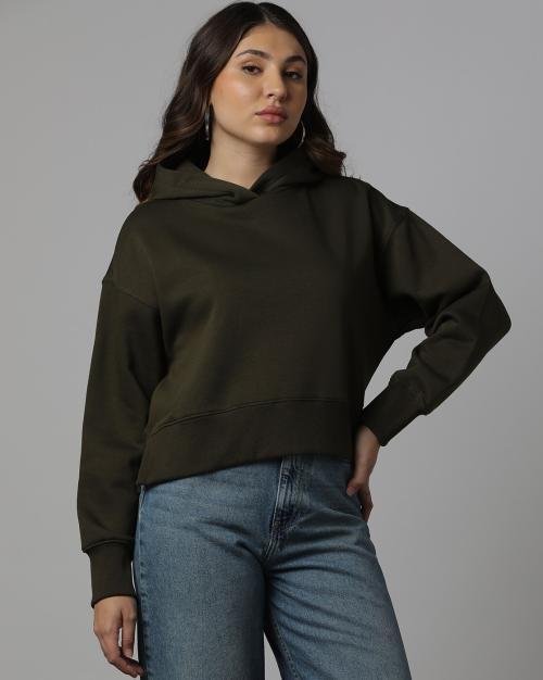 Women Cropped Drop-Shoulder Sleeved Hoodie