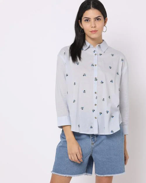 Floral Embroidered Shirt with High-Low Hem