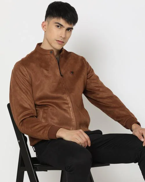 Men Zip-Front Regular Fit Suede Bomber Jacket