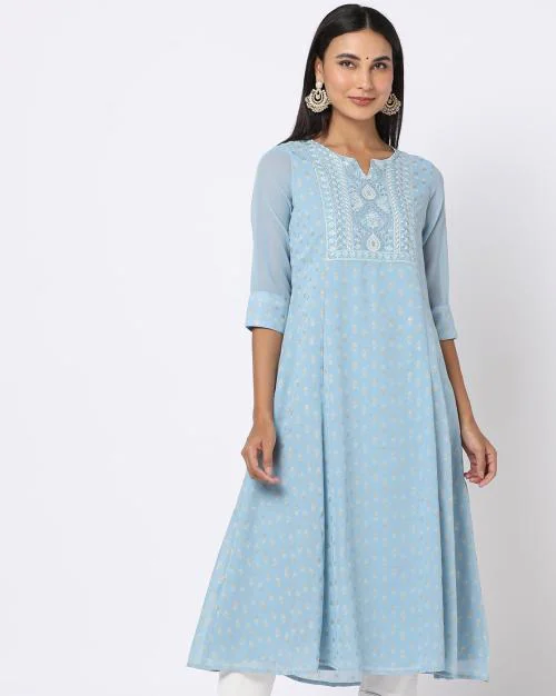 Flared Kurta with Embroidered Yoke