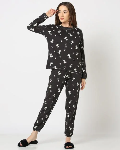 Women Snoopy Print T-Shirt & Joggers Set