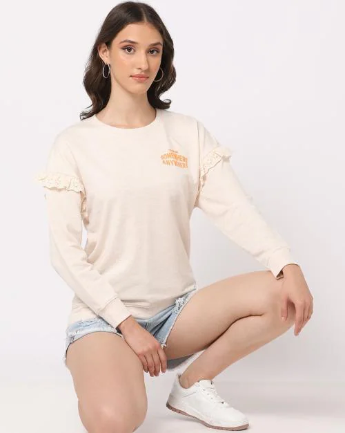 Round-Neck Sweatshirt with Schiffli Lace Accent