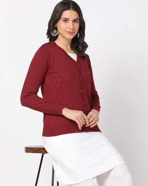 Pointelle-Knit Button-Down Cardigan