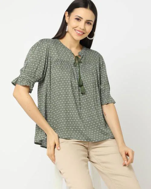 Micro Print Top with Tie-Up