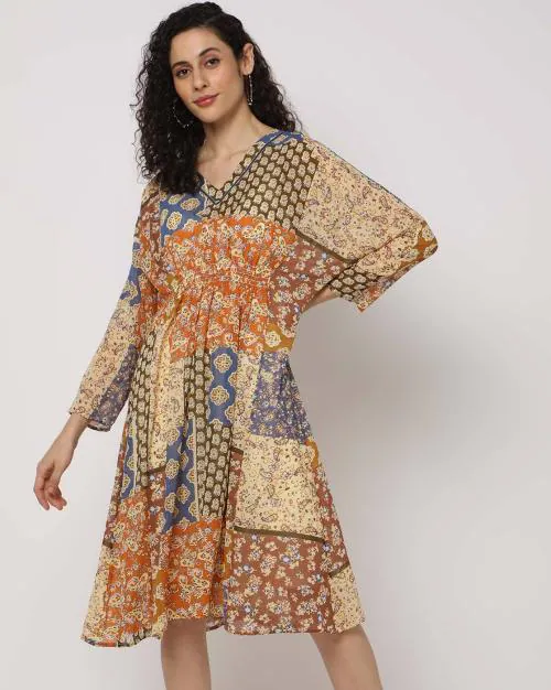 Printed Fit & Flare Dress with Slip