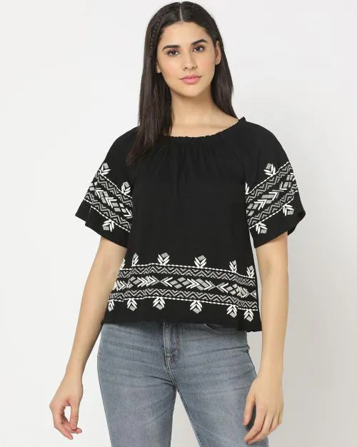 Embroidered Round-Neck Top