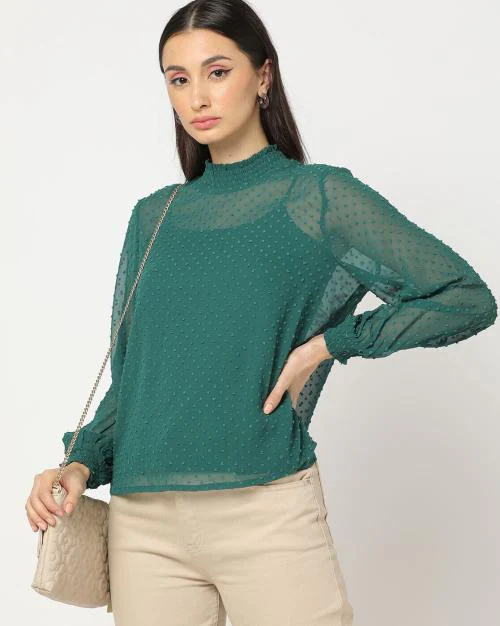 Swiss-Dot High-Neck Top with Camisole