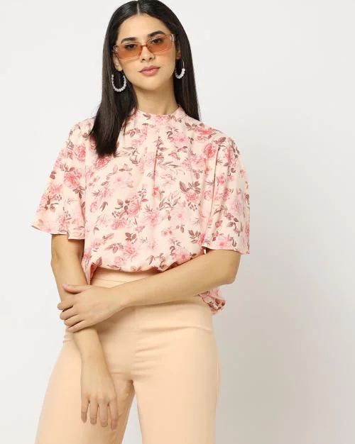 Floral Print Top with Flounce Sleeves