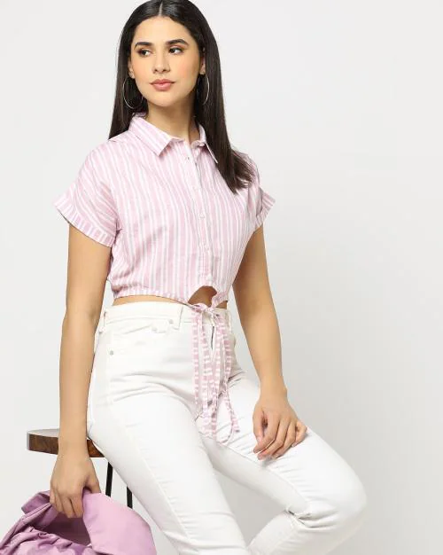 Striped Crop Shirt with Tie-Up