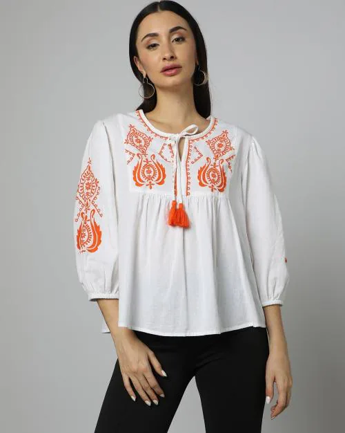 Women Embroidered Tie-Up Neck Top