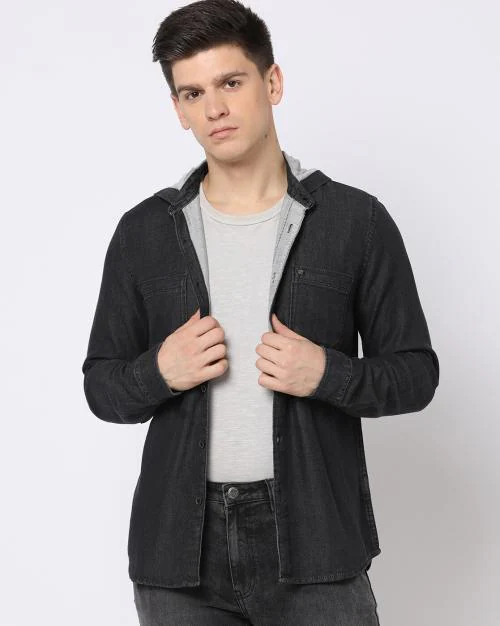 Men Regular Fit Hooded Denim Shirt