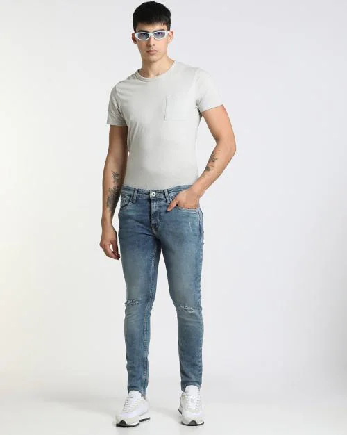 Men Mid-Wash Distressed Skinny Fit Jeans