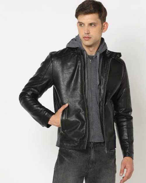 Men Regular Fit Hooded Biker Jacket