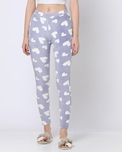 Heart Printed Skinny Fit Velvet Pyjama