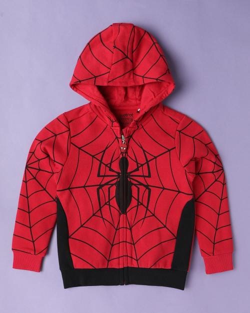 Boys Spiderman Print Zip-Front Hoodie
