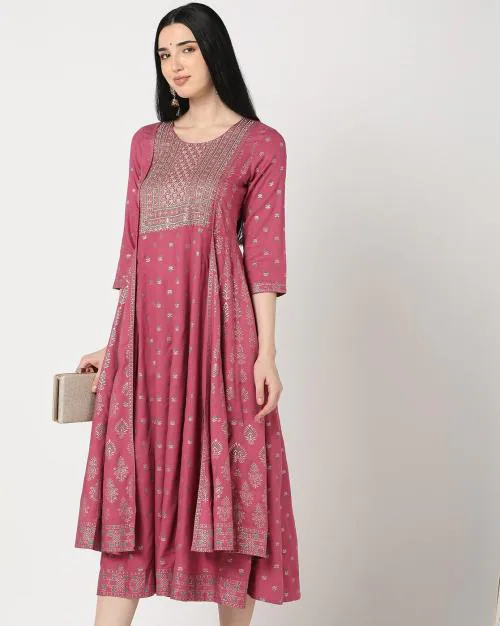 Foil Print A-Line Dress with Embellishment