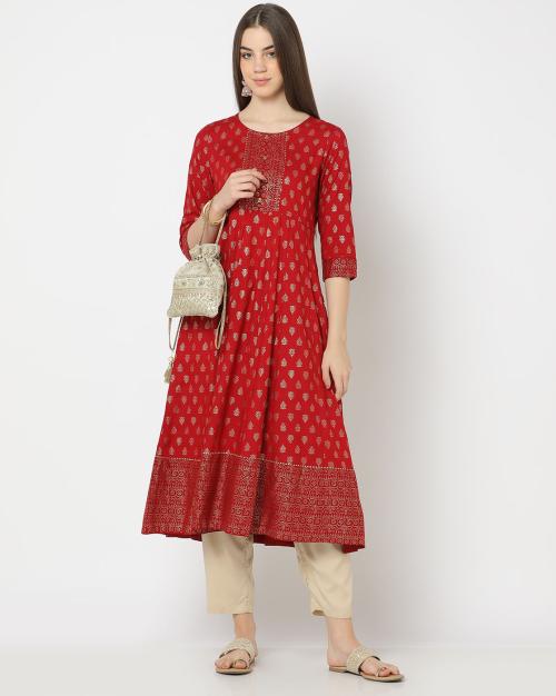 Women Block Print Flared Kurta