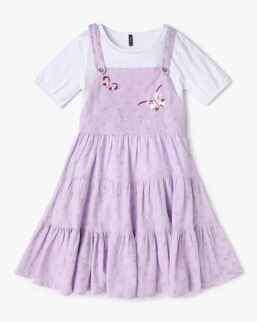 Girls Floral Print T-Shirt & Pinafore Dress