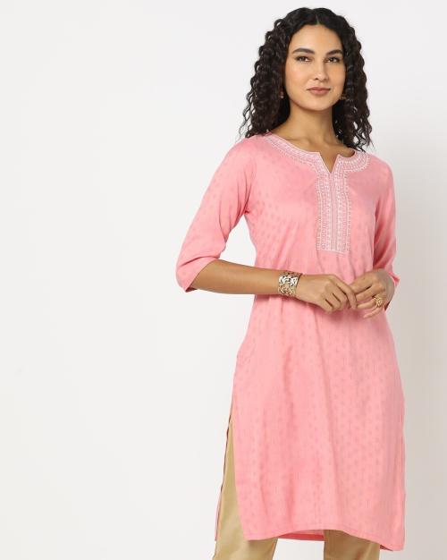 Placket Embroidered Straight Kurta