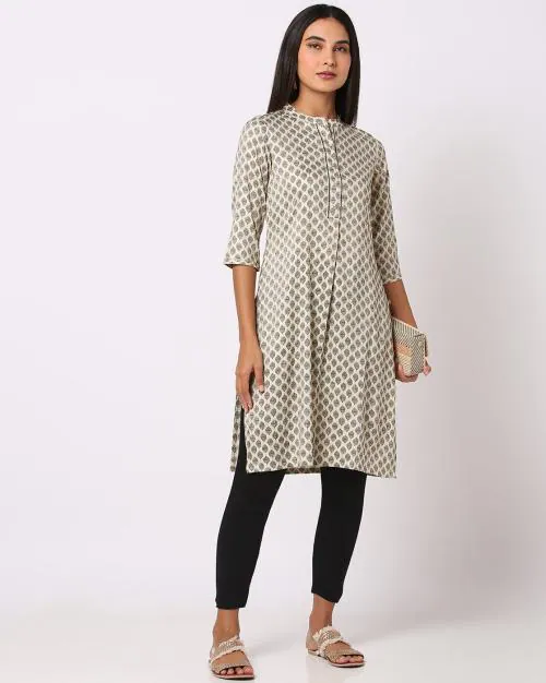 Printed Straight Kurta with Mandarin Collar