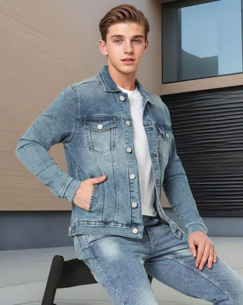 Men Washed Slim Fit Denim Jacket