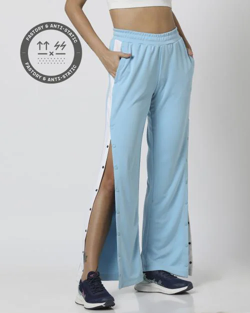 Women Solid Sleeve Panel Side Snap Open Track Pants
