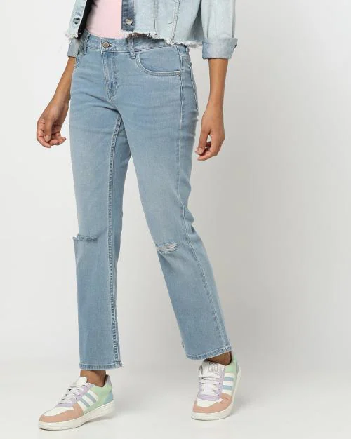 Women Heavily Washed Distressed Bootcut Jeans