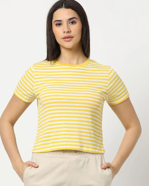 Women Striped Relaxed Fit Crew-Neck T-Shirt