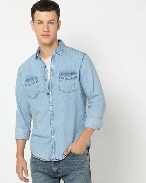 Men Washed Slim Fit Denim Shirt