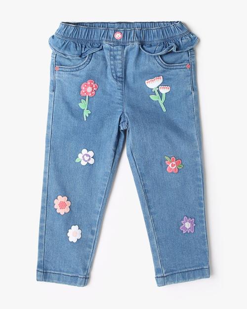 Girls Floral Applique Regular Fit Jeans
